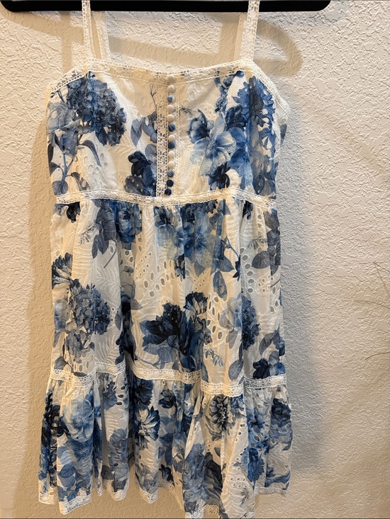 Alice + Olivia Dresses & Skirts - Alice + Olivia White Eyelet Sundress with Blue Floral Print